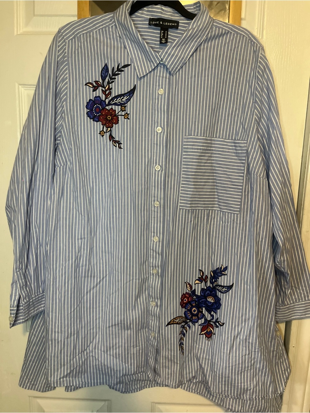 Size 22, Love & Legend Blue Striped Button-Up Shirt with Floral Embroidery - Picture 1 of 15